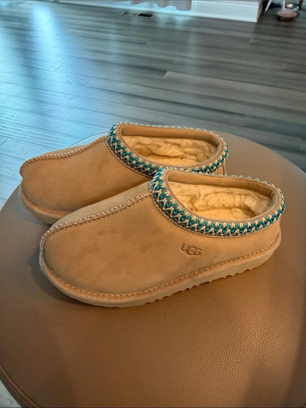 UGG Beige Shearling-Lined Ballet Slippers with Teal Trim
